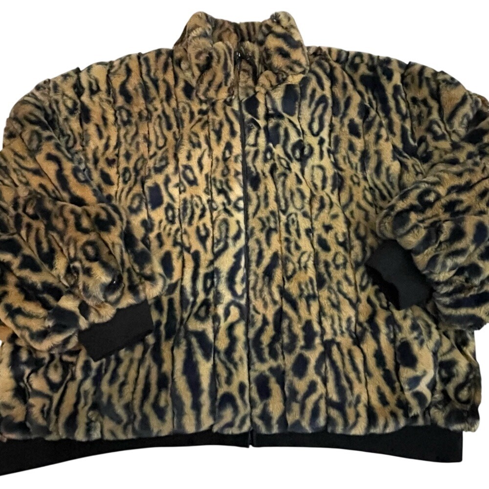 The Drop Womens Leopard Print Faux Fur Bomber Jacket Brown Black 2X New